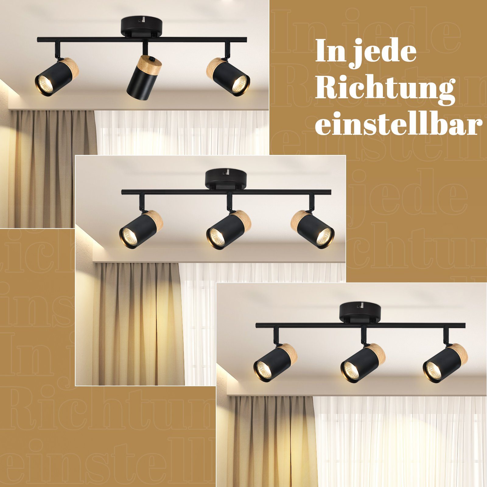 NETTLIFE Plafonnier 3 spots bois GU10 noir orientable 330° pour salon chambre cuisine chambre d'enfant sans ampoule - 4