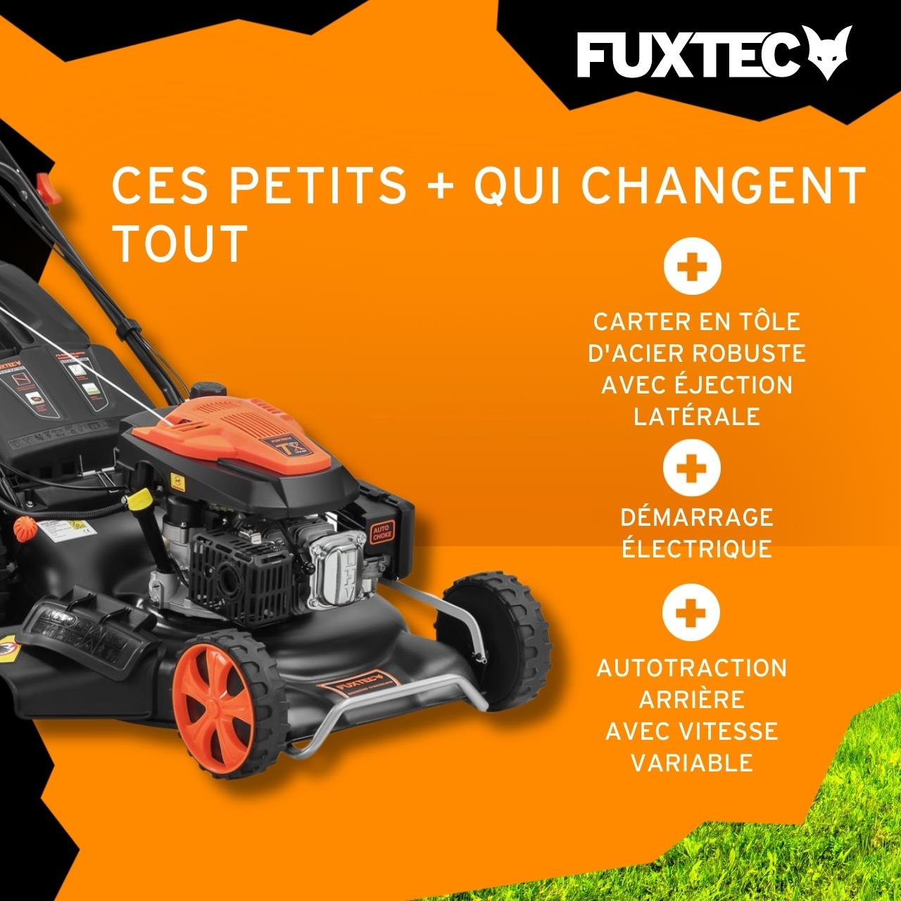 Tondeuse à gazon thermique autotractée FUXTEC FX-RM5396esPRO – 196 cm³ – 53 cm – Démarrage électrique – Vitesse réglable – Bac 70L – 6CV - 4