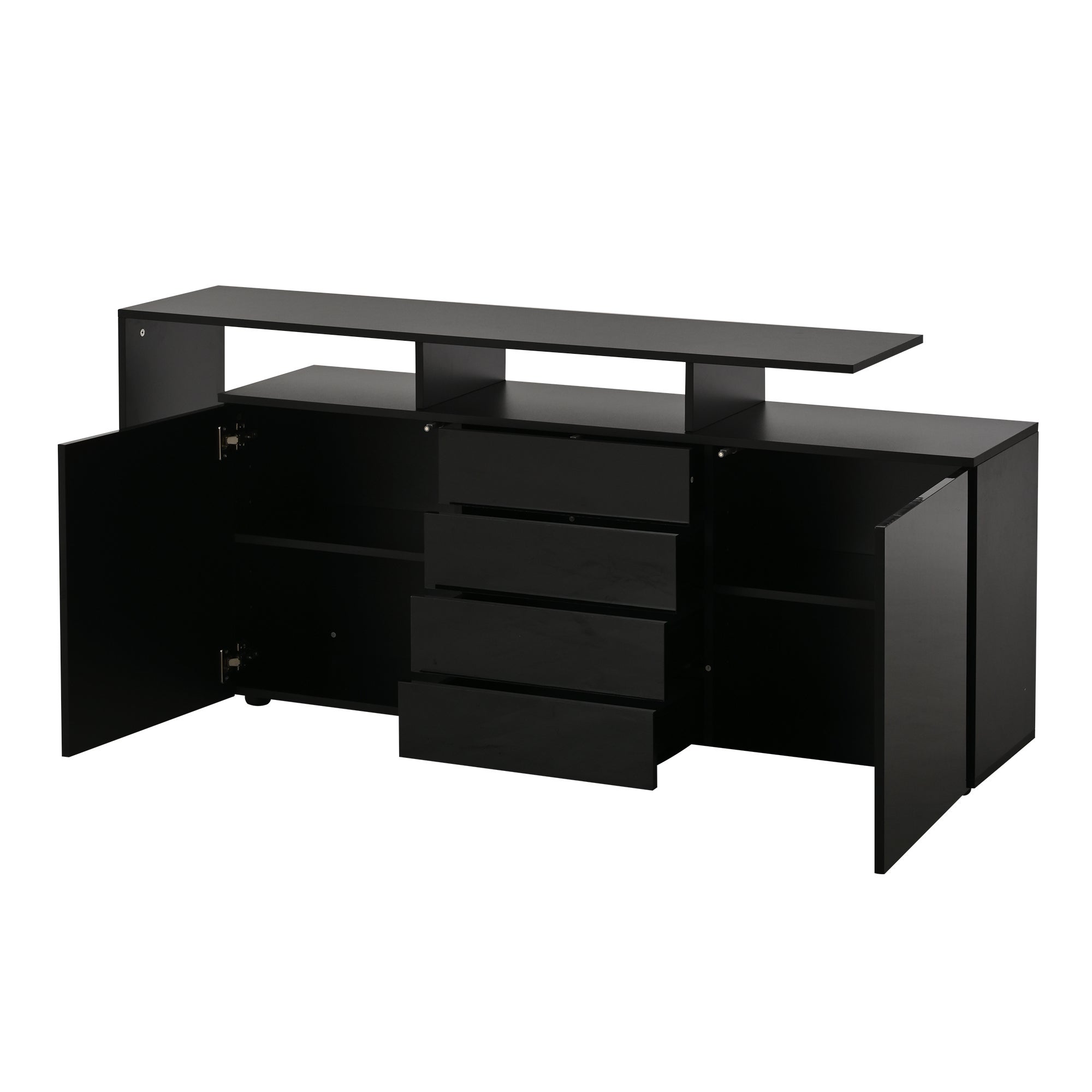 Buffet 160x35x70cm - z oświetleniem LED - 4 szuflady i 2 fronty - Błyszczące wykończenie - Płyty wiórowe - Czarny - 8