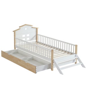 Lit Maison Enfant Avec Escalier – 90 X 200 Cm – Cadre Pin + MDF, Barrières Sécurité, 2 Fenêtres Grises – Blanc Et Gris – Norme EN747