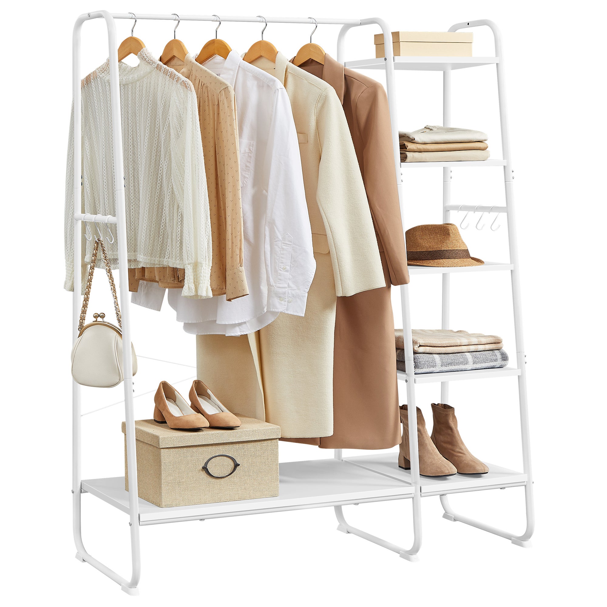 Porte-manteau sur Pieds, avec 5 Étagèress de Rangement, 6 Crochets, pour Chambre, Salon, Couloir, Style Industriel, Blanc Nuage et Blanc Mat - 7