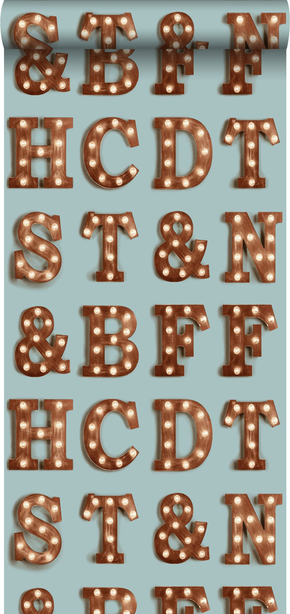 Papel pintado letras luminosas de madera – marquee azul vintage y marrón sepia - 0,53 x 10,05 m - estahome