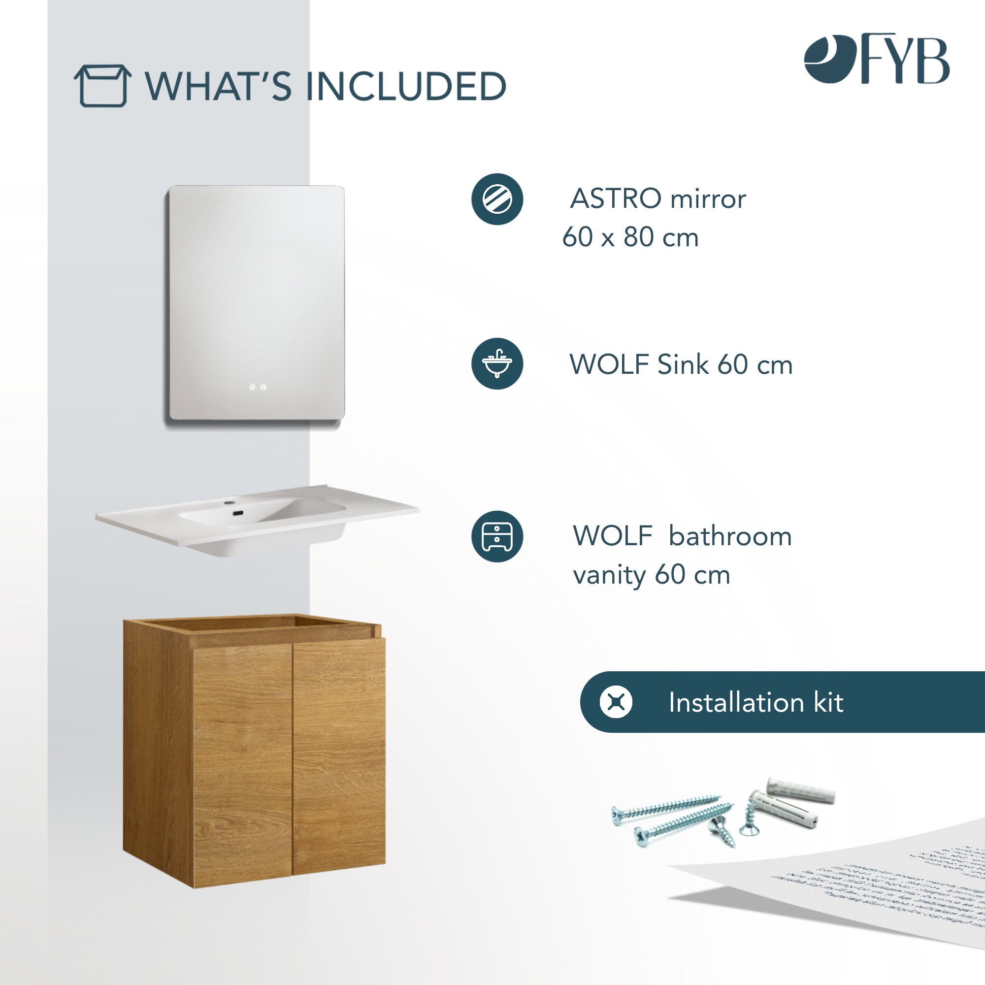 Feel Your Bath, Meuble De Salle De Bain WOLF Marron 60 cm, 2 Portes, Vasque Céramique Intégrée Et Miroir Carré LED Antibuée - 7
