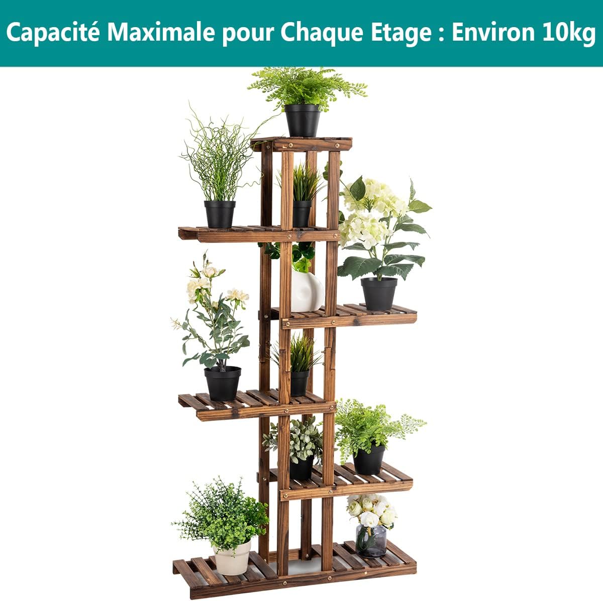 Etagère à Fleurs en Bois à 6 Niveaux, Porte-Plantes en Sapin pour Balcon Terrasse Salon, 140,5 x 25 x 75 cm - 7