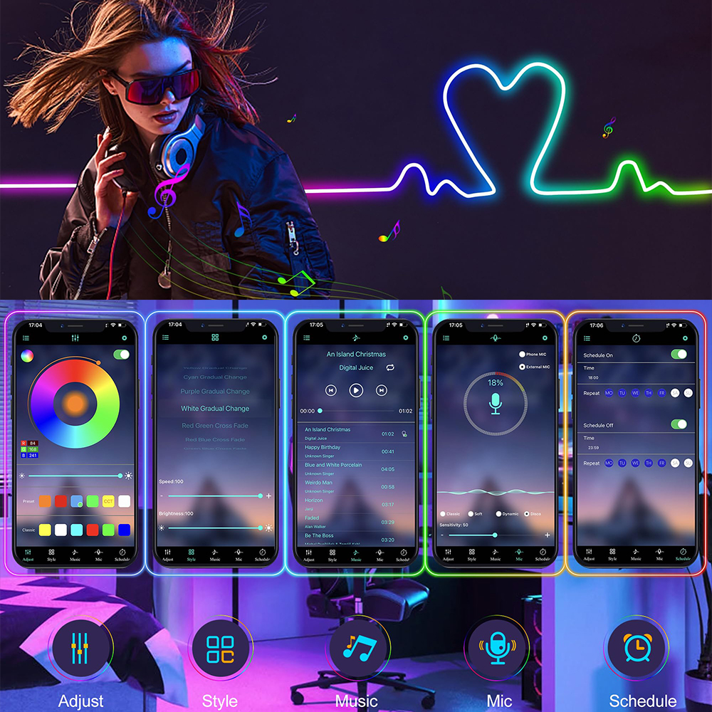 Taśmy LED Neon RGB, 5 m - 300 diod LED, Łańcuch świetlny Neon LED do użytku wewnątrz i na zewnątrz, Sterowanie aplikacją/pilotem, Wodoodporność IP65 - 2