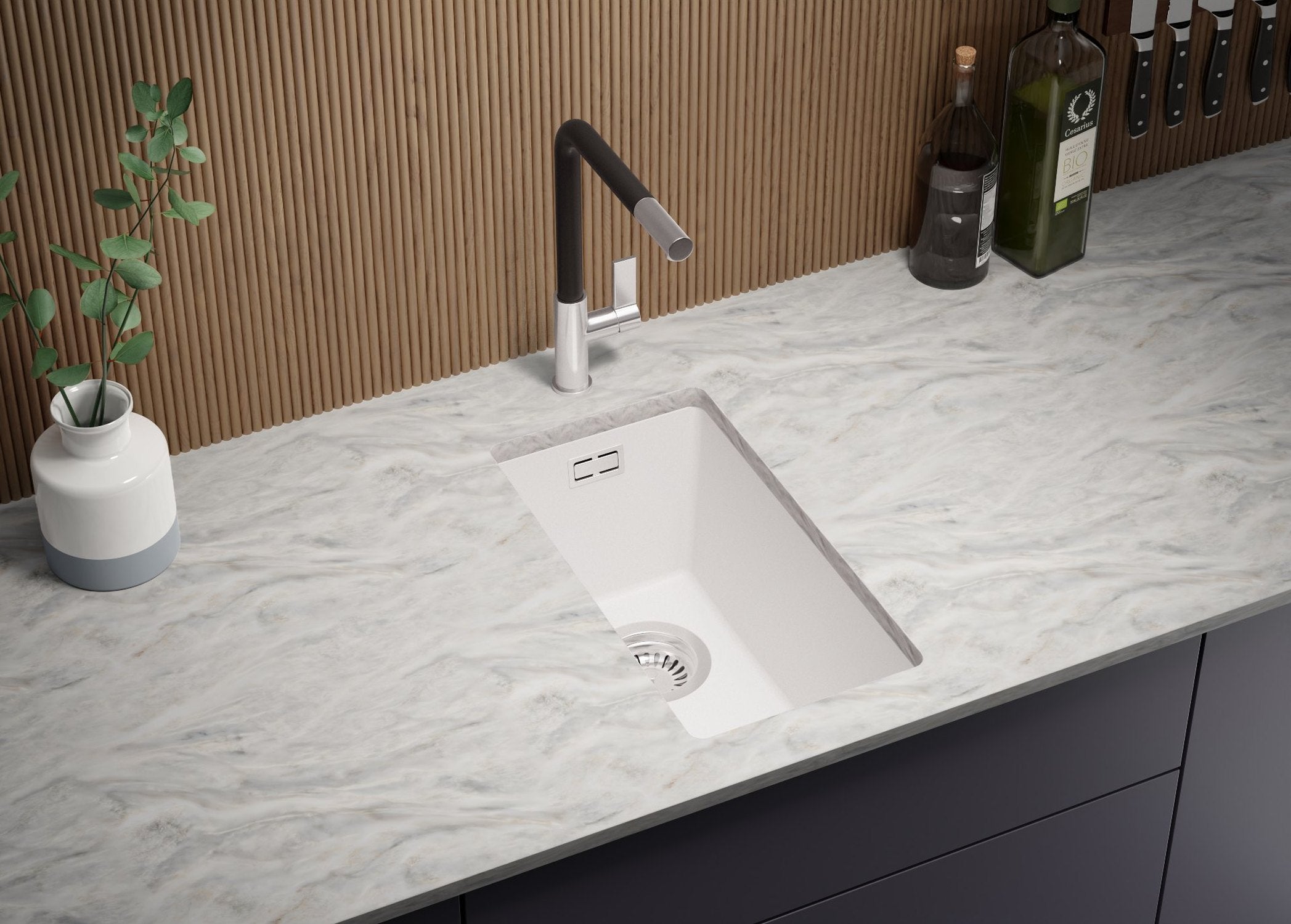 Lavandino sottotop Bianco 26x47cm, Lavello in Granito a 1 vasca + Sifone Classico + Accessori, Lavabo da Cucina al mobile 30cm - London PRIMAGRAN - 3