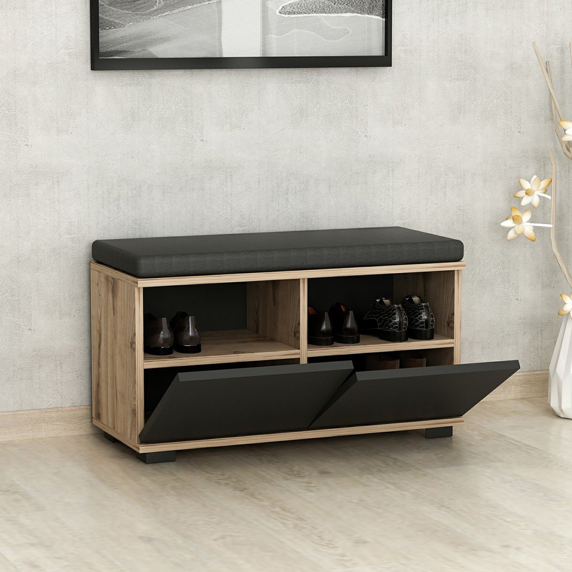 Banc à chaussures Brande avec 2 portes à 4 niveaux 42 x 80 x 35 cm effet chêne / noir [en.casa] - 4