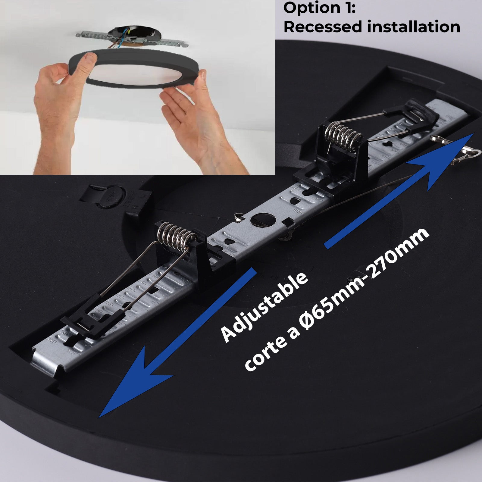 Plafón LED Circular Ø300 mm 24W IP44 empotrable/superficie negro, CCT 3000K-4000K-6000K, corte ajustable Ø65-270 mm, diseño ultrafino 17 mm. - 4