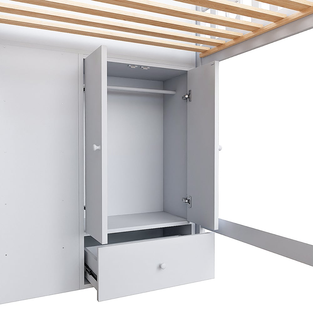 Letto a soppalco, 90*200 cm, scala di contenimento, ripiani, armadietti a cerniera, zona spogliatoio sotto il letto, maniglie d'amore, bianco - 7