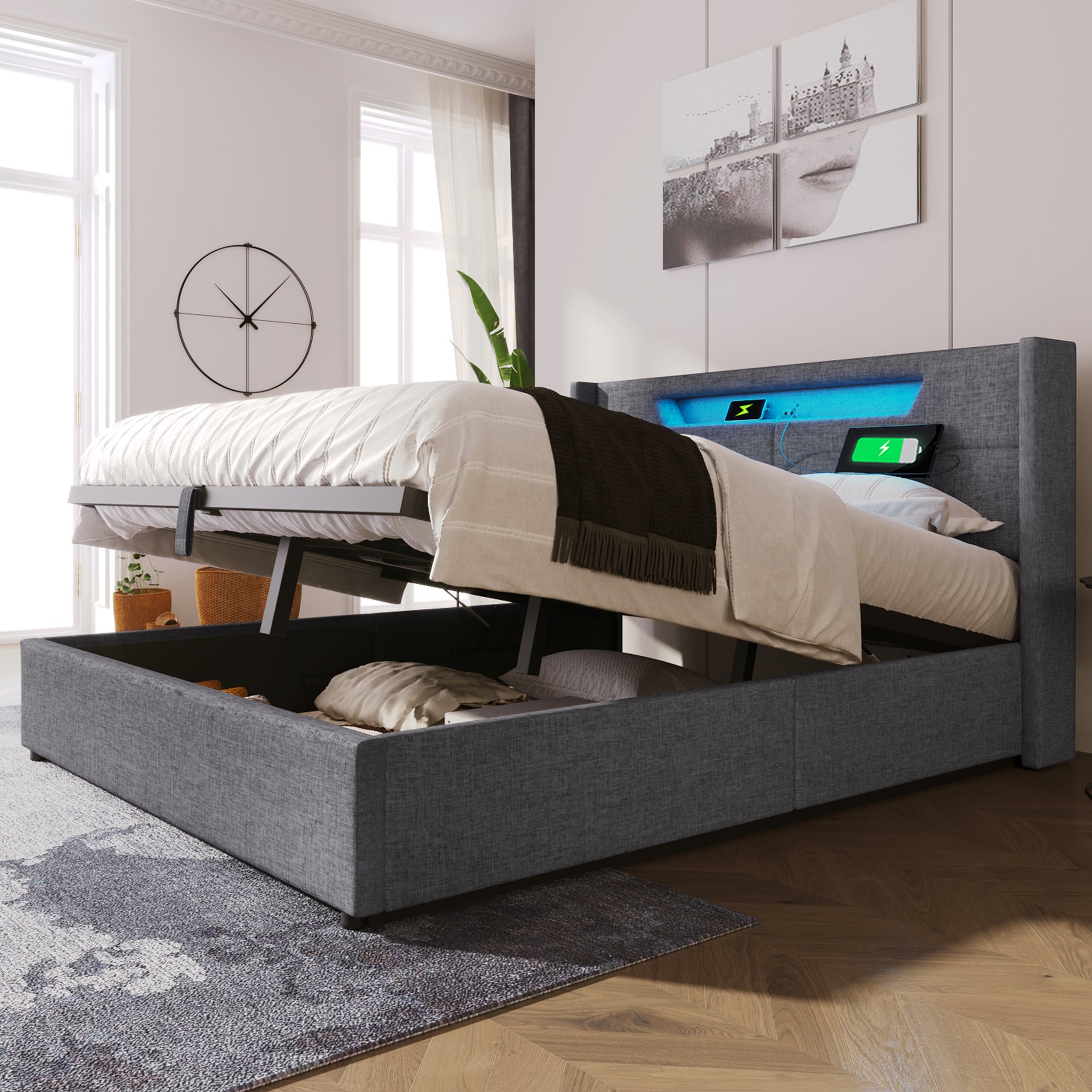 Cama contenedor para adultos 140 x 200 cm con cabecero - USB + Tipo C + LED - tejido de lino - gris - 8