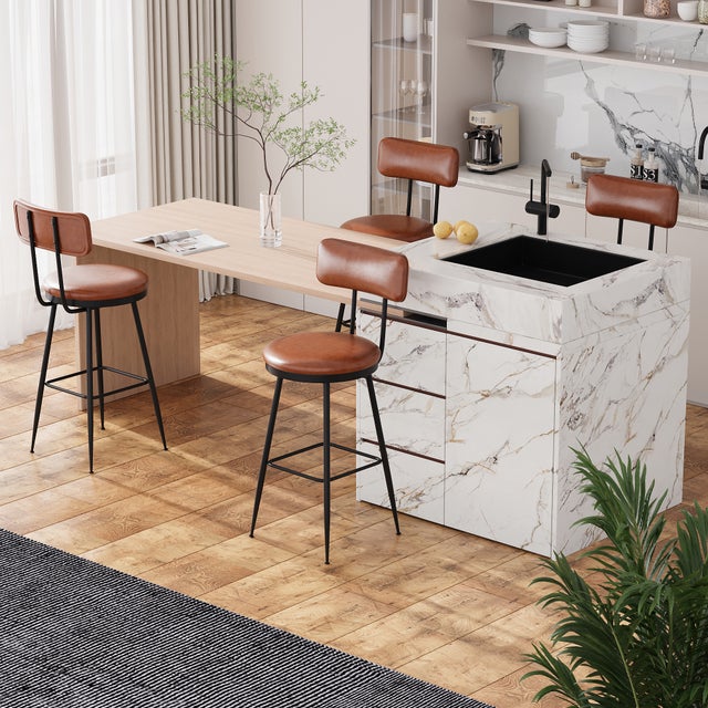 Tabouret de Bar,Lot de 2,Siège Rembourré,PU avec Coutures,Adapté pour Cuisine,Salle à Manger et Bar,Hauteur d'assise 65 cm,Marron