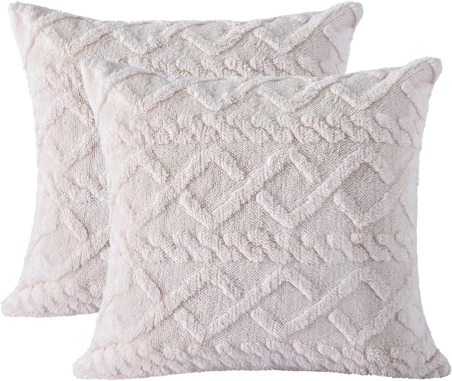 Juego de 2 fundas de cojín beige de felpa suave color crema de 45 x 45 cm, fundas de almohada cuadradas de estilo bohemio con fundas de almohada corta