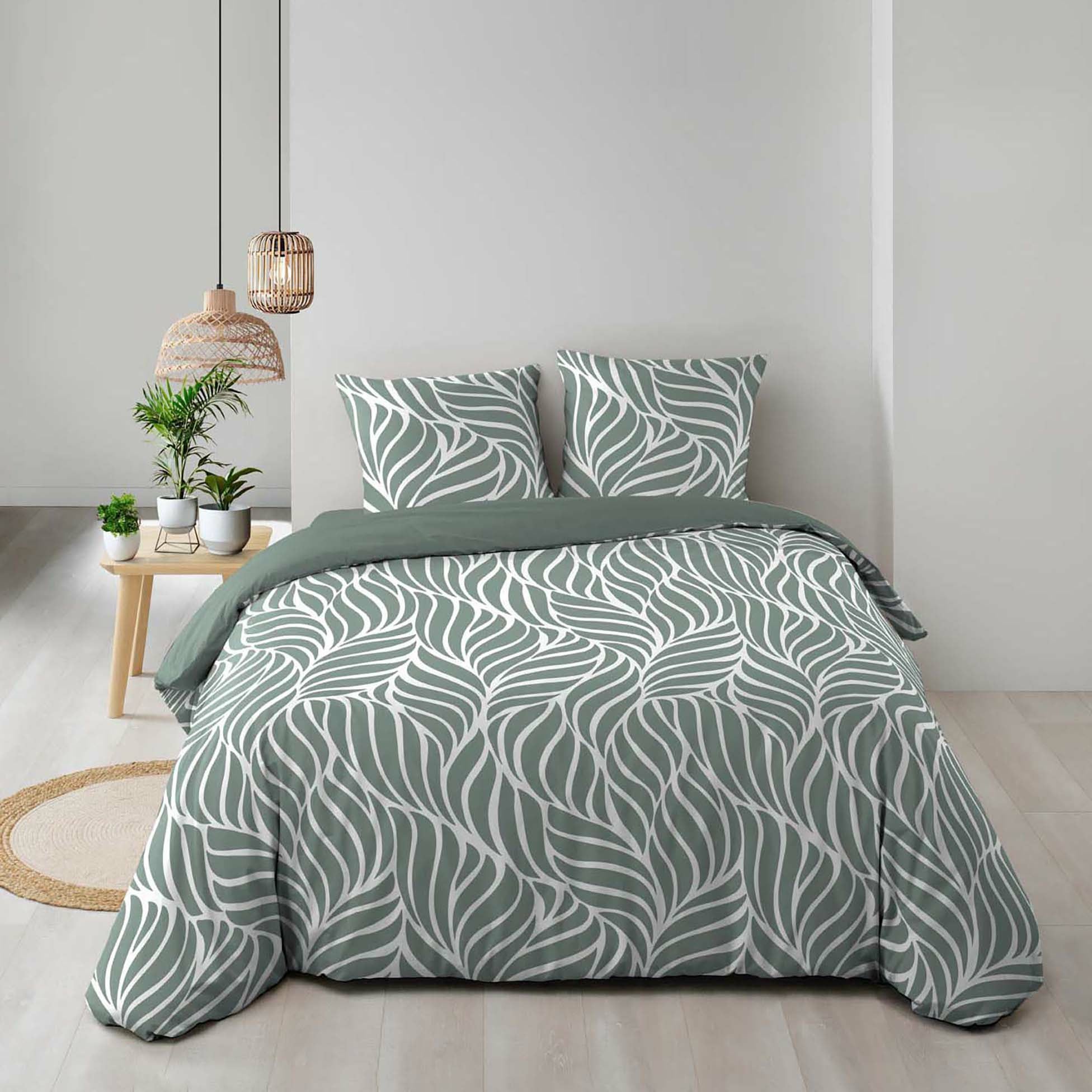 Housse de couette 240 x 220 cm imprimée 57 fils – MORGANE Sauge – 2 taies incluses - 5