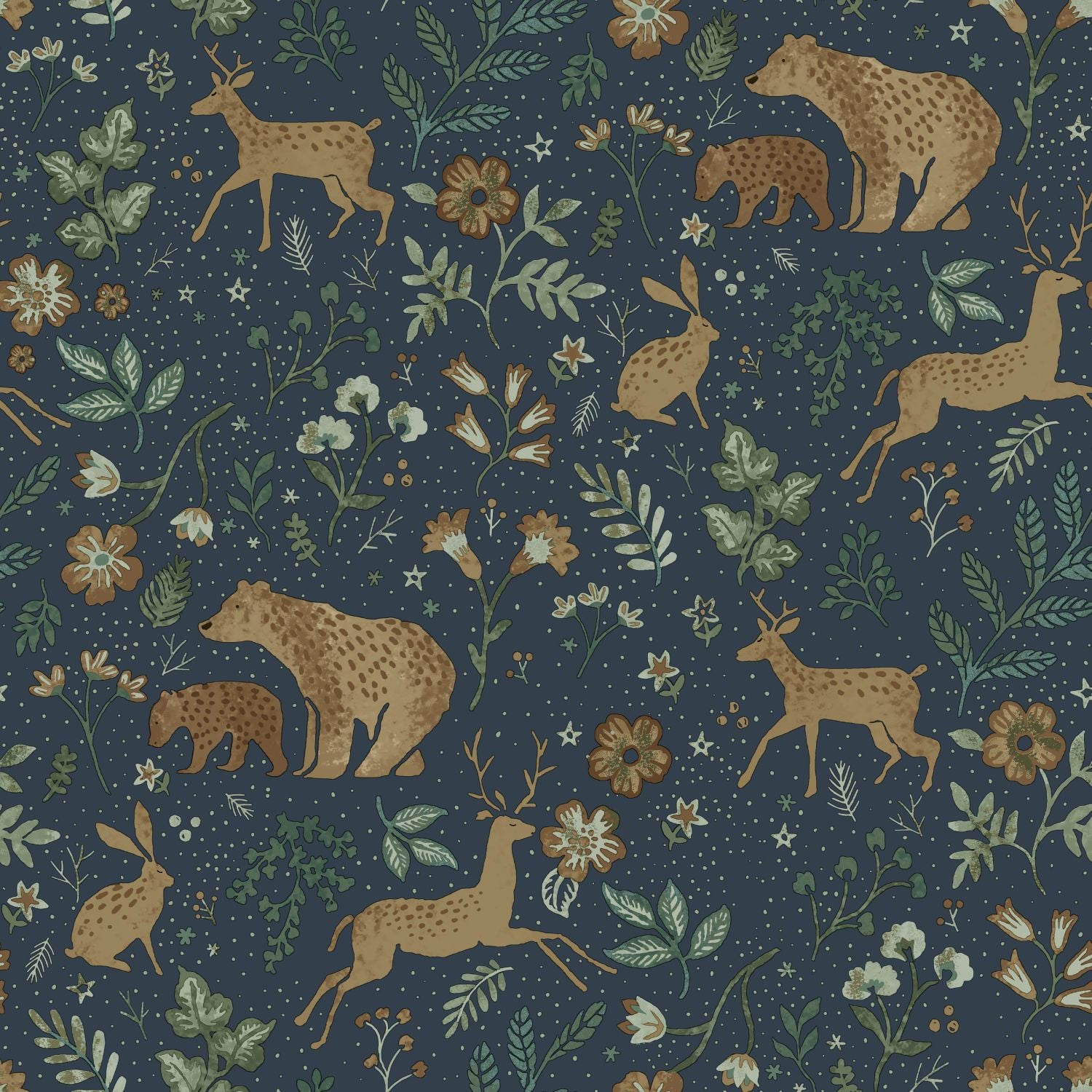 Papier peint forêt avec des animaux de la forêt bleu foncé et beige - 53 cm x 10.05 m - ESTAhome - 7