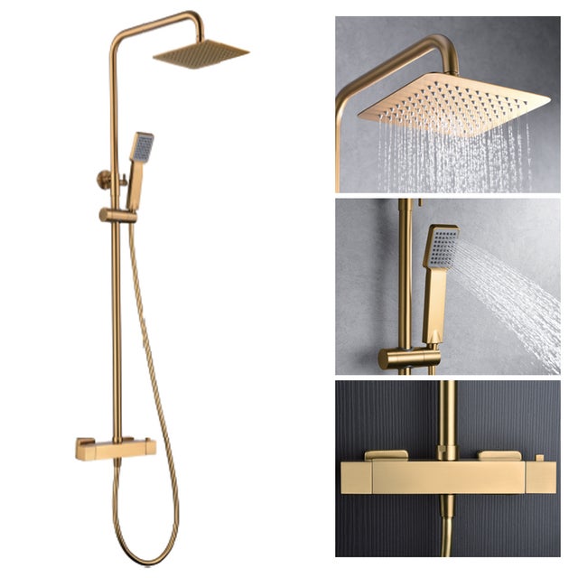 Columna de ducha con grifo termostatico | Rociador Cuadrado acero inox. S.304 20x20 cm | Extraplano Antical Acabado Oro Cepillado