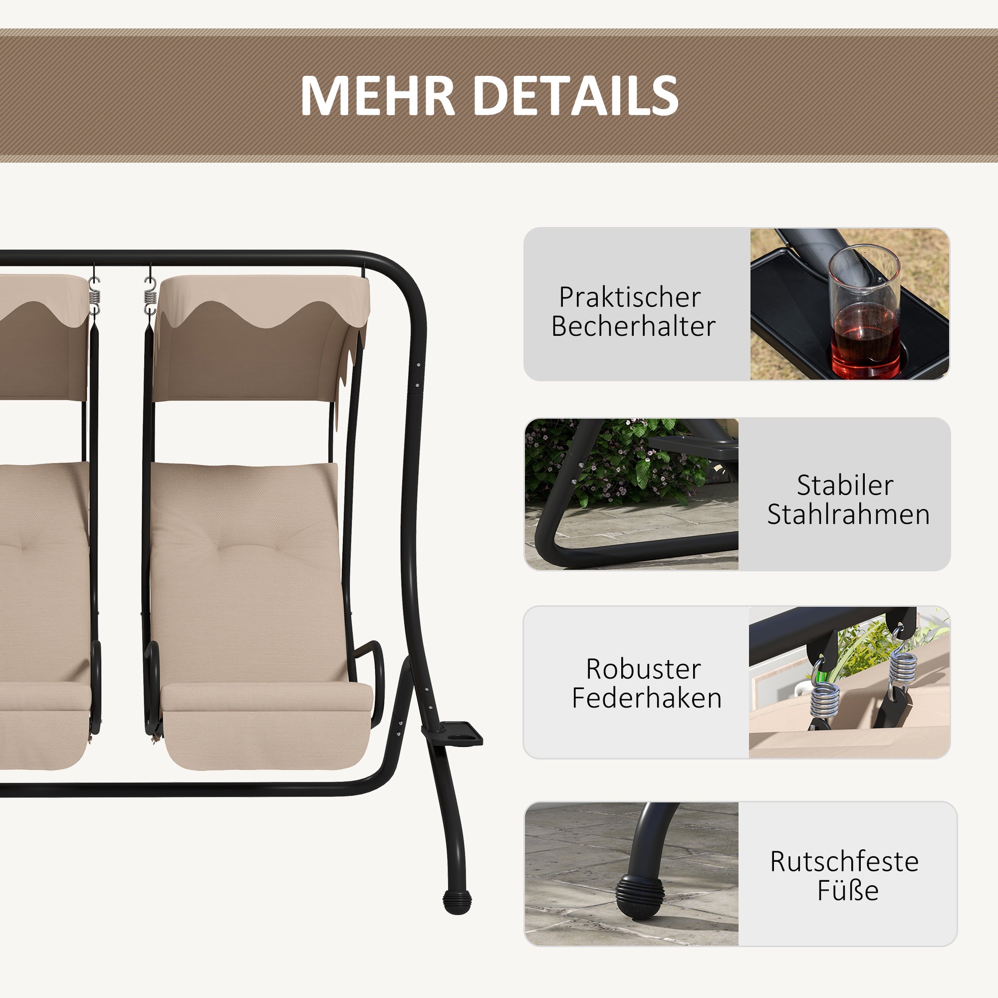 Balançoire de jardin Hollywood, résistante aux intempéries, 2 tailles disponibles, 2 porte-gobelets, 170 cm x 136 cm x 170 cm, beige - 7