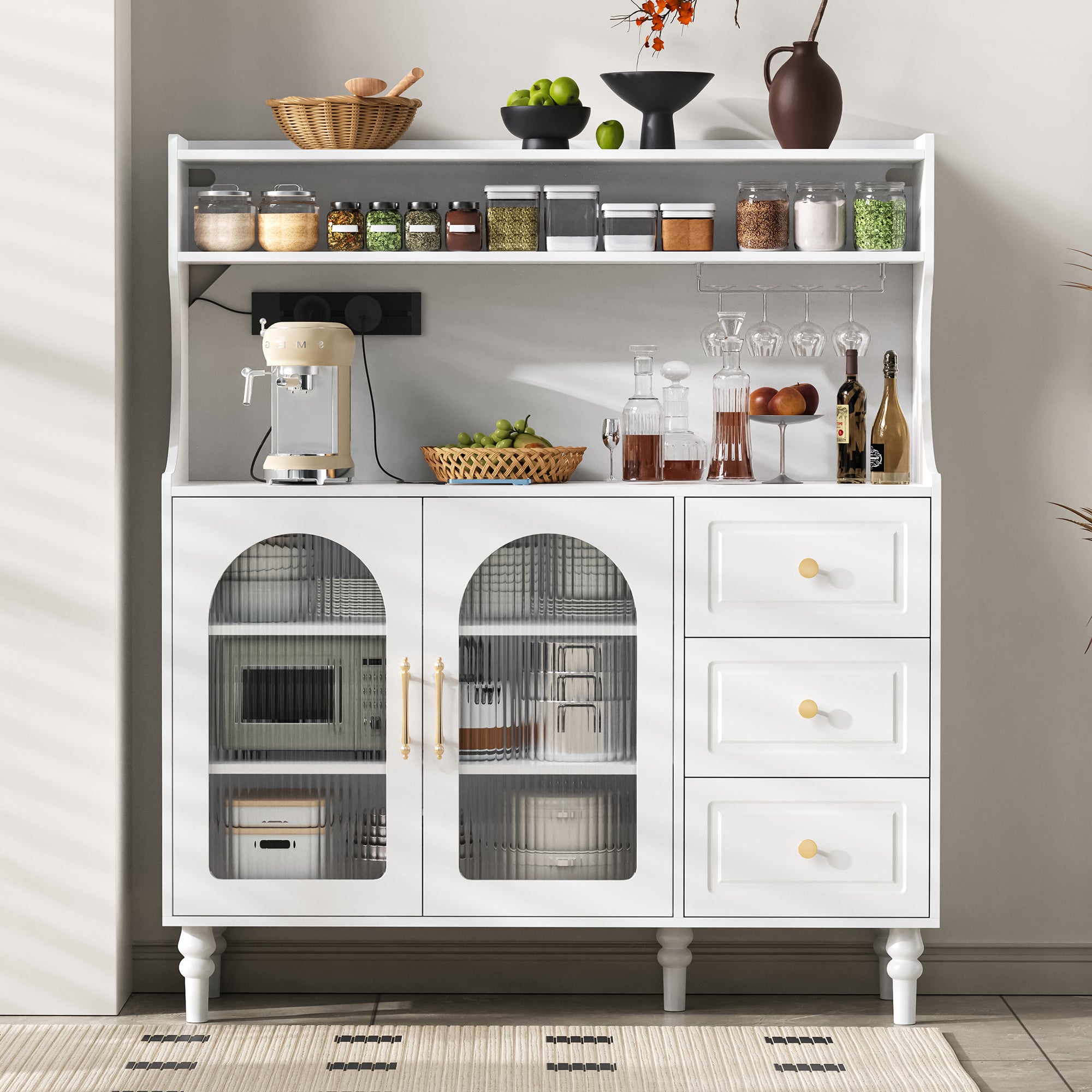 Kredens kuchenny z 2 szklanymi drzwiami, 3 szufladami i portem ładowania - 120 x 40 x 184 cm - Płyta MDF i płyta wiórowa - Regulowane półki - Biały