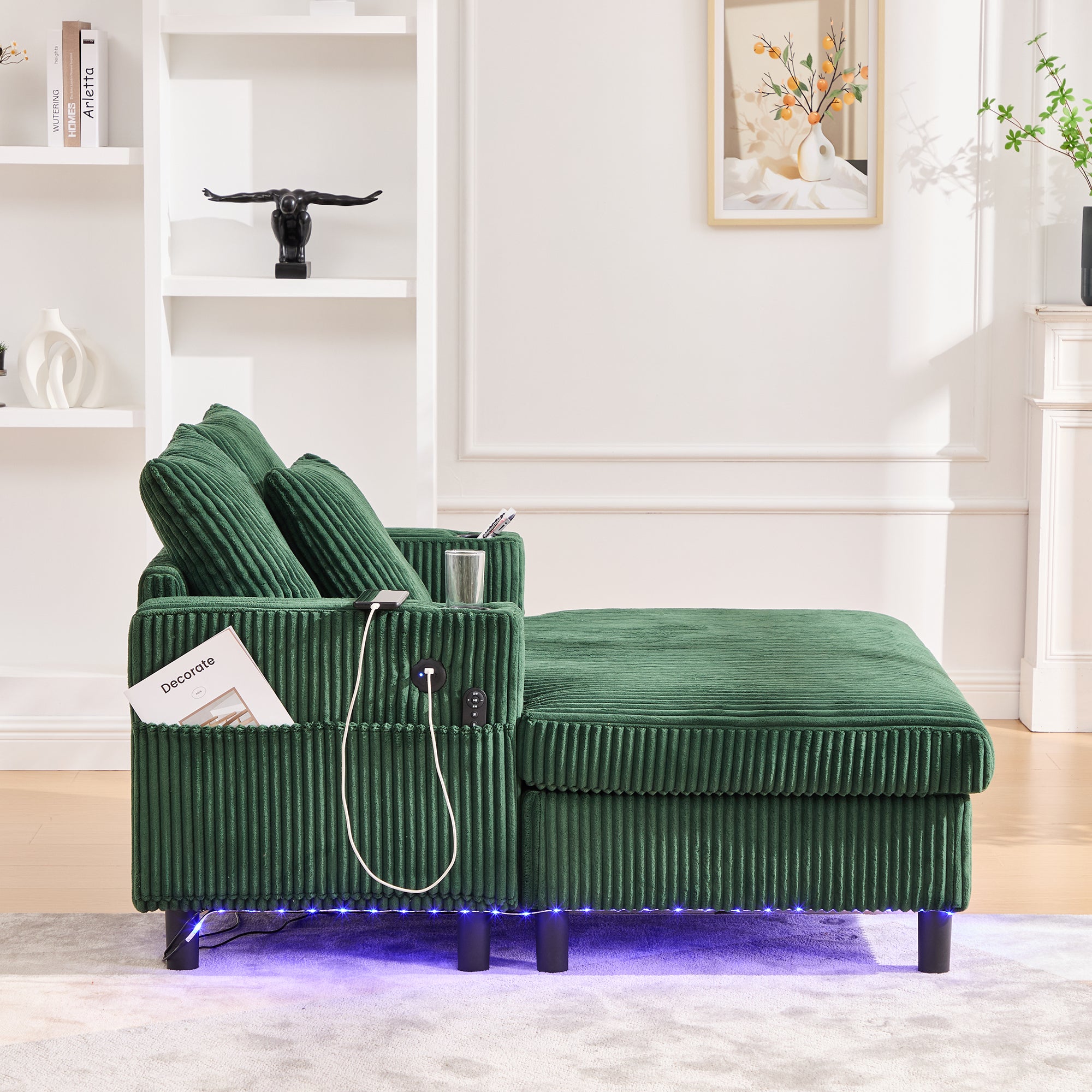 Fauteuil-longue avec porteboissons latéraux, prises USB, LED, en velours, couleur émeraude - 5