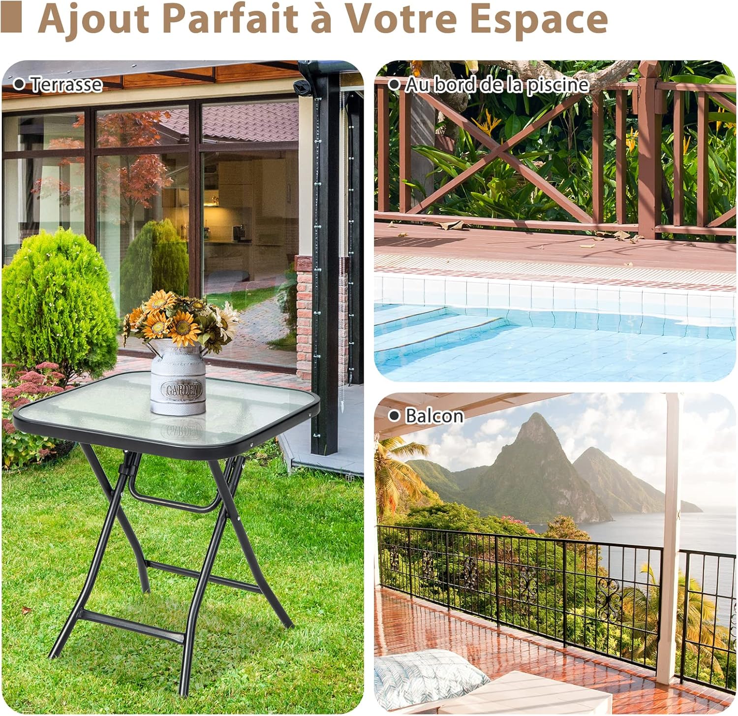 Table de Jardin Bistro Pliante, avec Plateau en Verre Trempé, 46,5x46,5x47,5cm, pour Intérieur et Extérieur Patio Balcon Terrasse, Noir - 8
