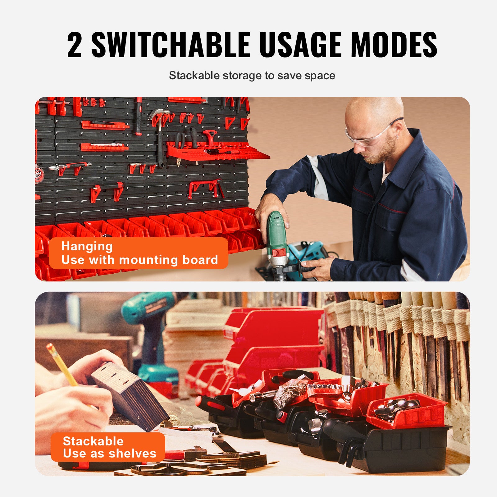 Étagère Bac à Bec Plastique,VEVOR 30 Boites Rangement Empilables Atelier Garage avec Panneaux Muraux,Organisateur Outils pour Écrous,Clous,Noir/Rouge - 3