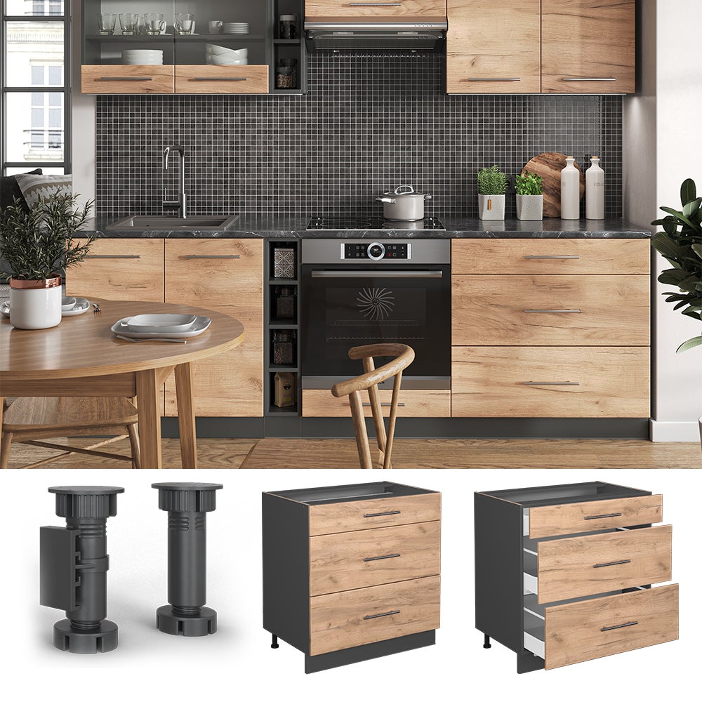 Vicco Meuble cuisine Fame-Line, Chêne de force doré, 80cm avec 3 tiroirs, sans PT - 2