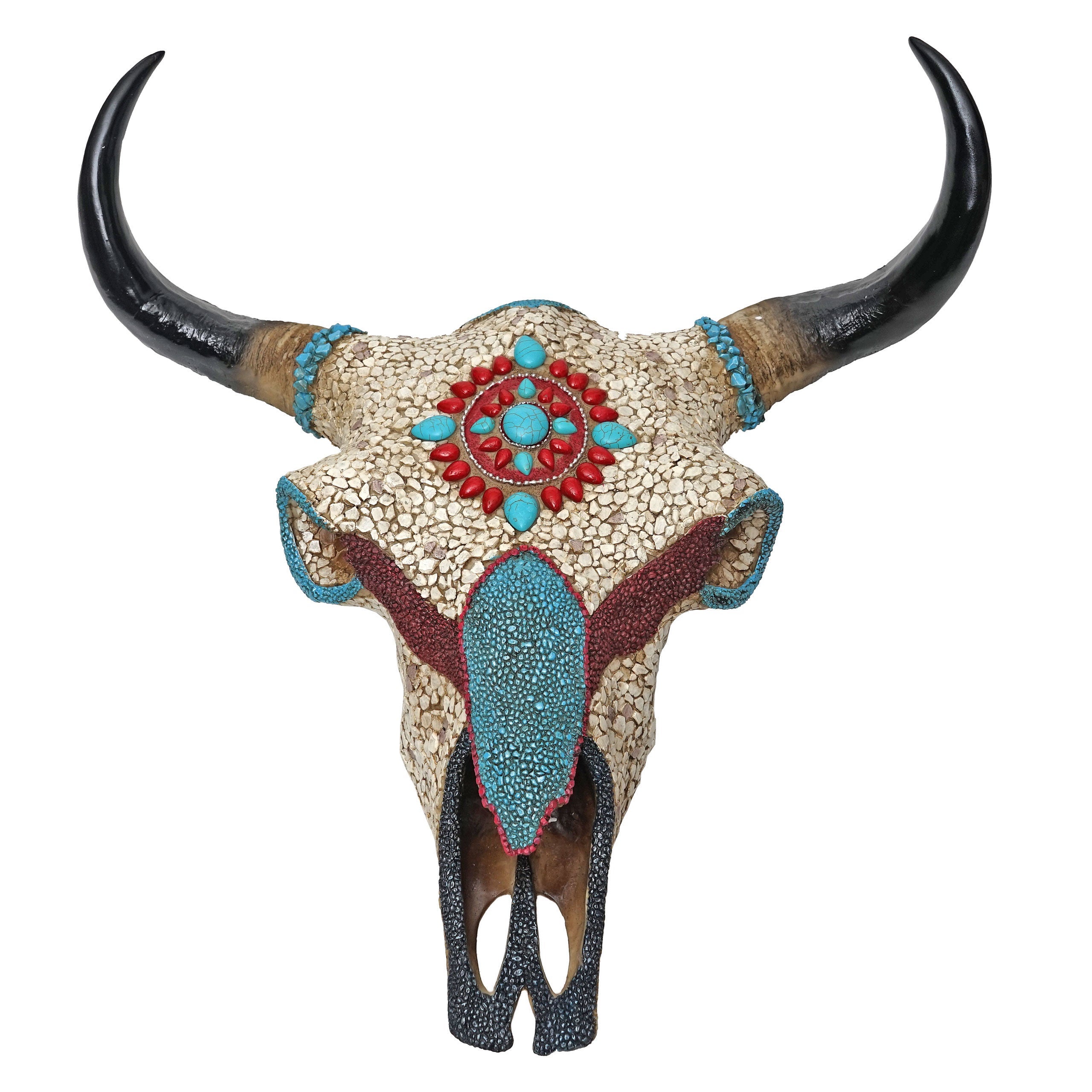 Trofeo de cabeza de toro con decoración de calavera de vaca con mosaico de poliresina 51x50x25cm 04_0002820
