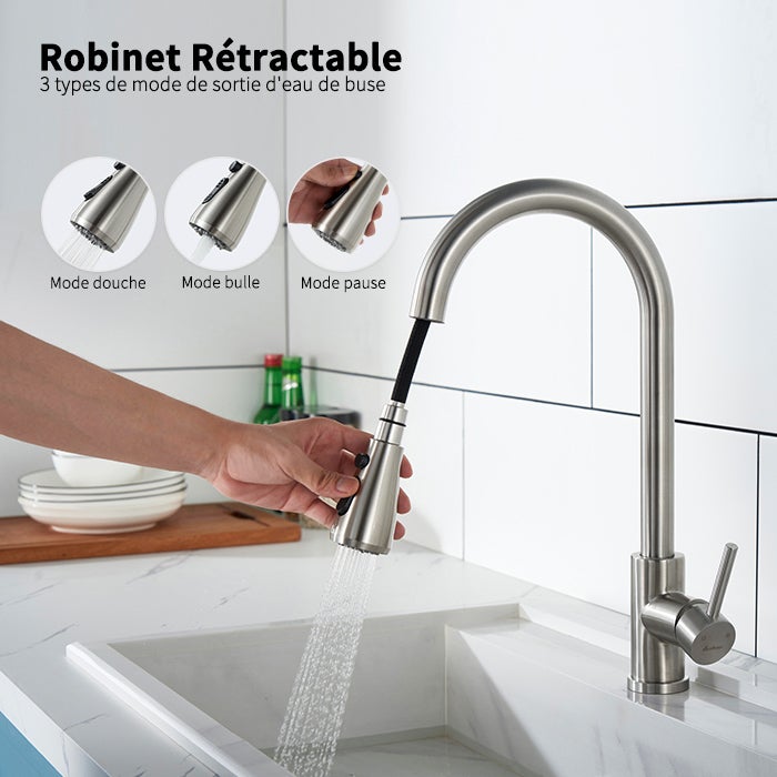 Robinet de Cuisine avec Douchette Extractible Mitigeur de Cuisine Brossé en Acier Inox Robinet d'évier pour Cuisine Rotatif à 360° avec 3 Modes - 2