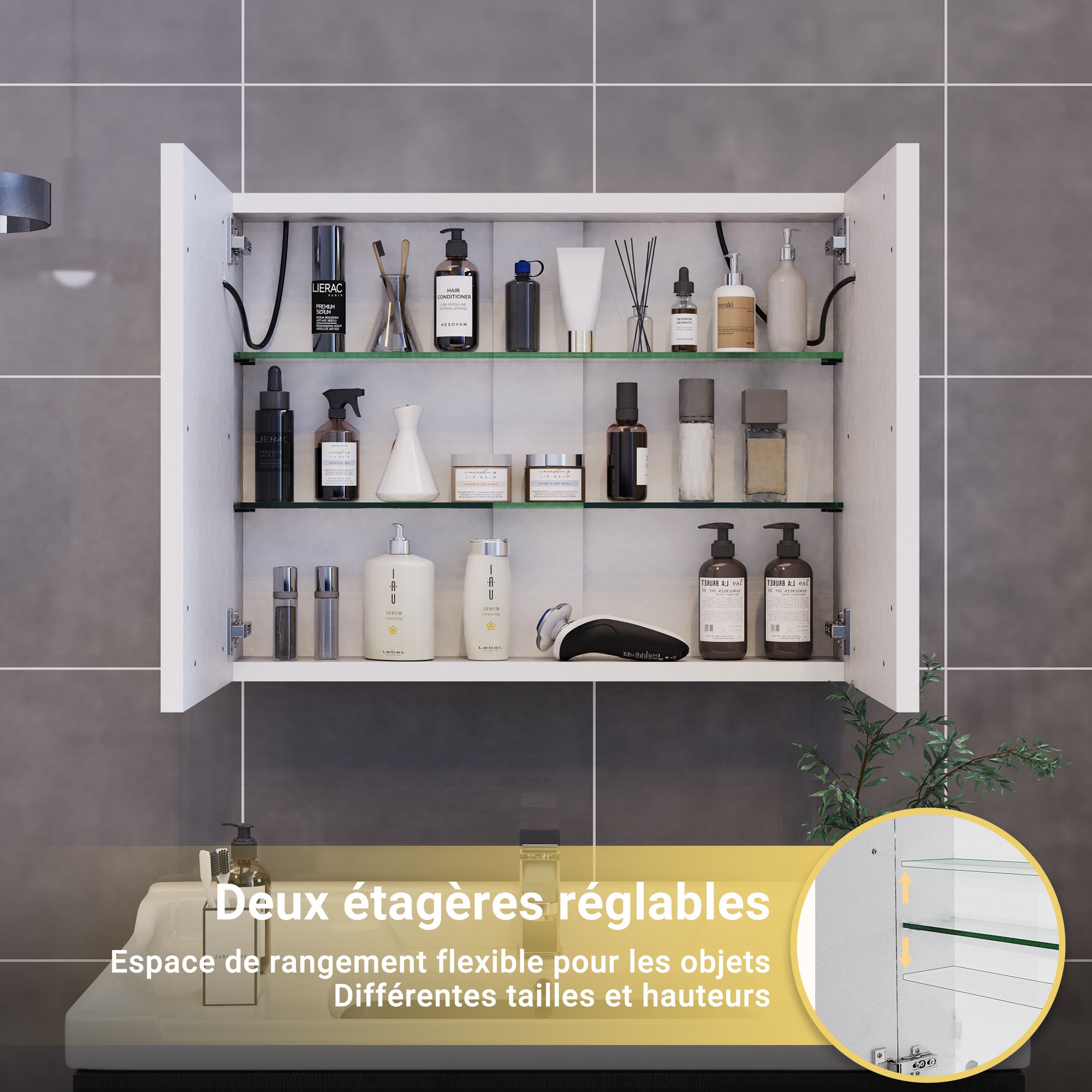Armoire led 2p de toilette lumineuse, 80x13,5x60 cm, Armoire de salle de bain avec miroir, Interrupteur tactile, Étagère réglable, Dimmable, Blanc - 3