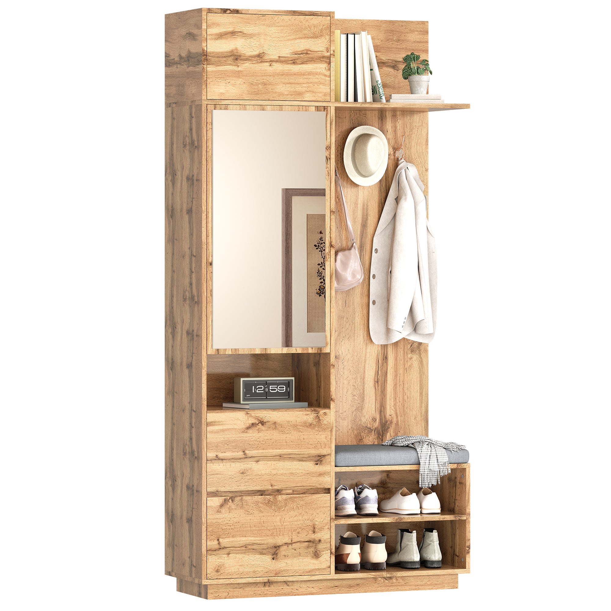 Szafka na buty z lustrem, ławką, wieszakami, 3 drzwiami i 1 szufladą - 90 x 34,5 x 190 cm - MDF - Naturalna - 2