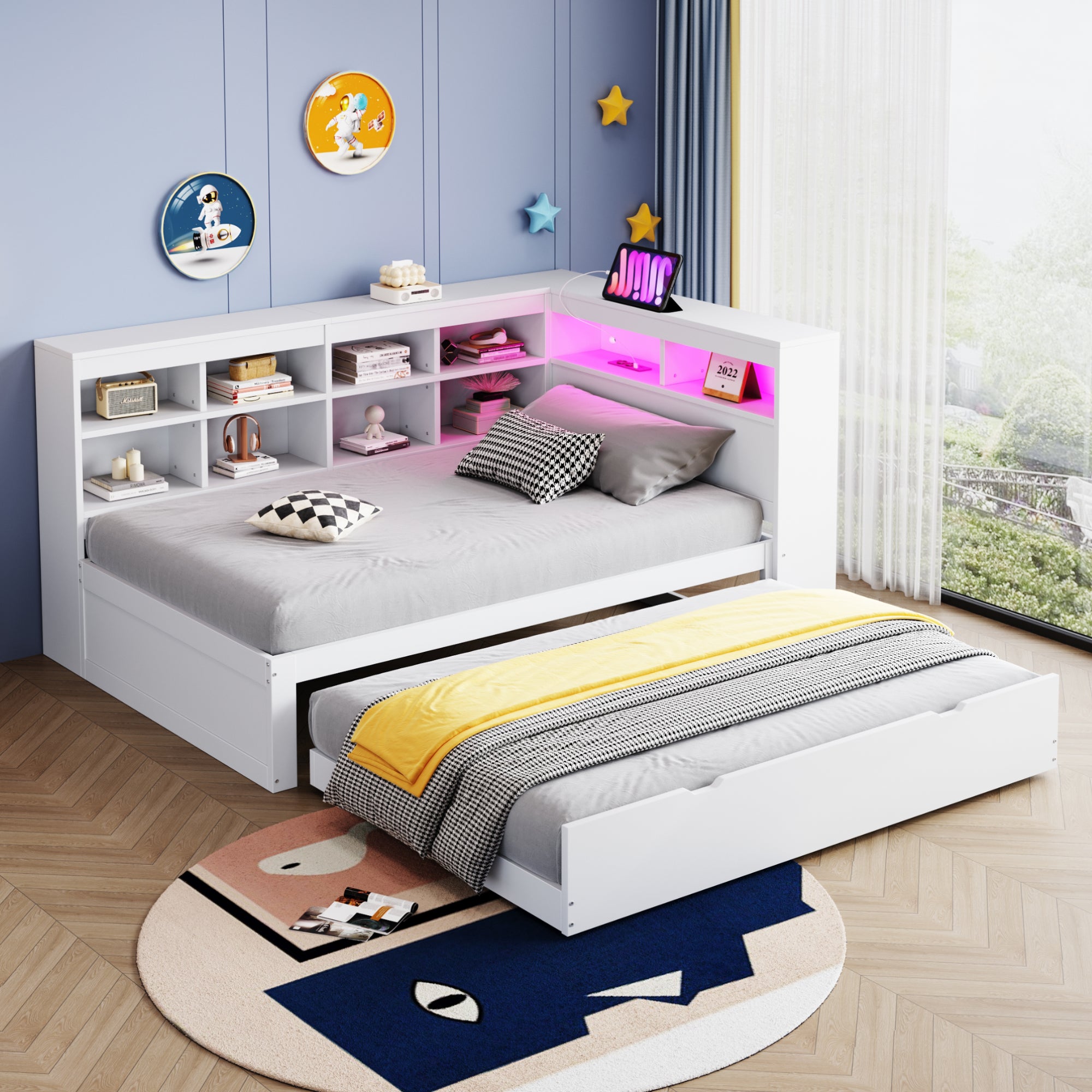 Łóżko wysuwane 90 x 200 cm + 90 x 190 cm z przegródkami, sofa rozkładana - Sosna + sklejka + MDF - Port USB i diody LED - Biały (Bez materaca)