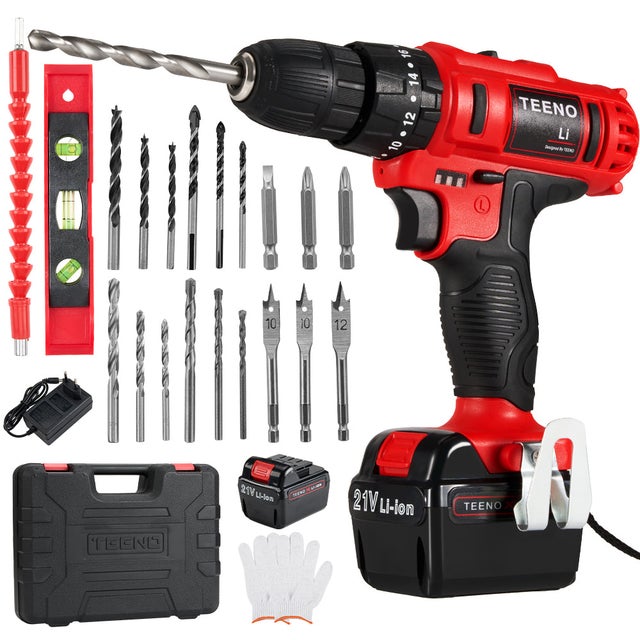 TEENO Perceuse-visseuse PSR 21V sans fil, 2 niveaux, 2 batteries, avec 20 accessoires