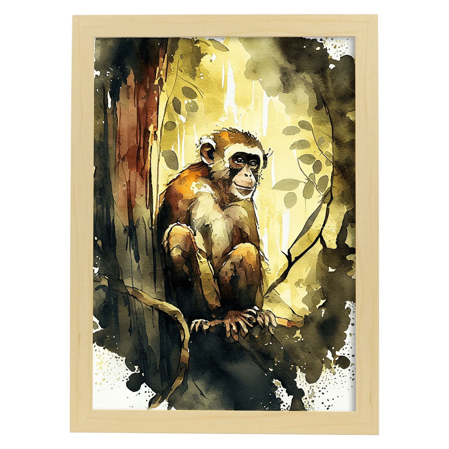 Nacnic poster de mono en estilo acuarela ilustraciones a todo color de animales salvajes en la naturaleza y a3 con marco de madera clara