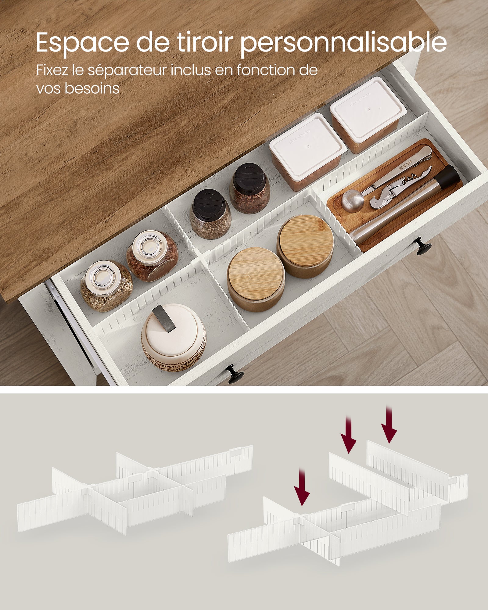 Buffet, avec Tiroir, Meuble de Cuisine avec Portes et Étagère Réglable en Hauteur, Blanc Rustique et Marron Miel - 4