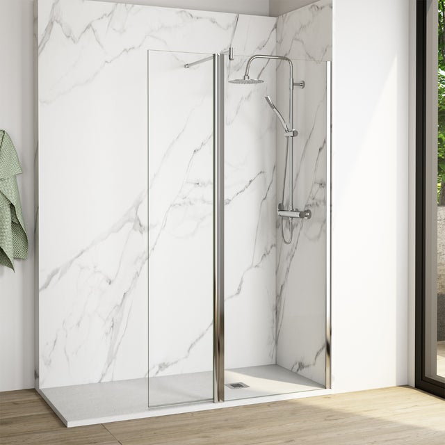 Mampara Ducha Fijo Walk in | Vidrio Templado 6mm Antical | Altura 195cm | Perfil Cromo brillo | 115cm (75cm + 40cm)