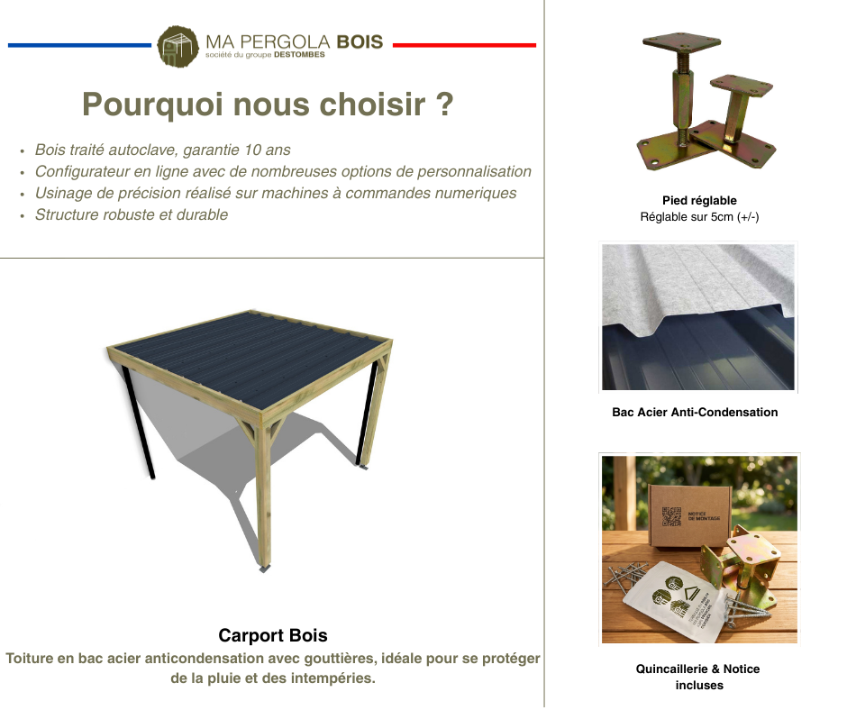 Carport bois • 2m x 3m • adossée • sens profondeur • livraison comprise - 6