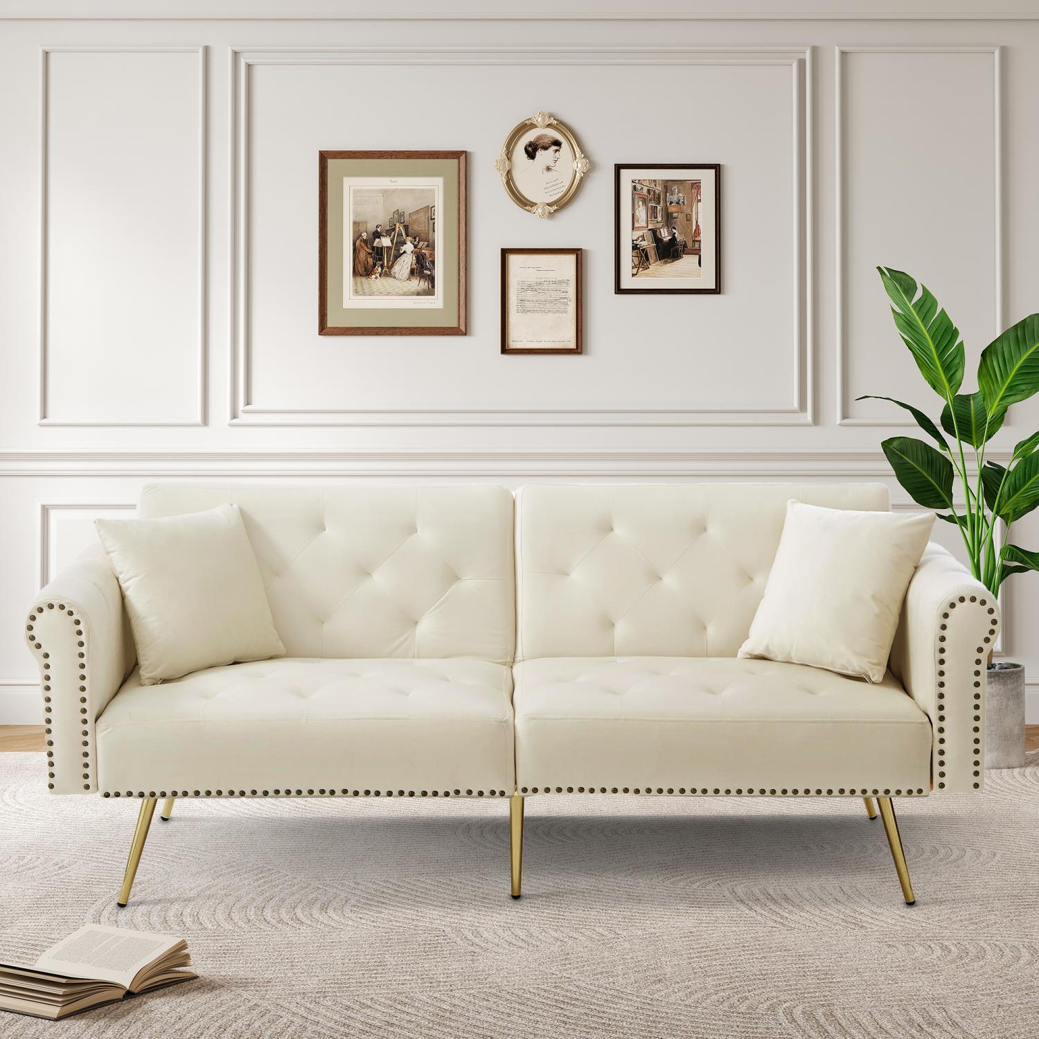 Sweiko Canapé-lit Double Moderne avec revêtement en Velours, Dossier réglable en 3 Positions et Pieds en métal doré pour Les Petits Salons et Les Chambres à Coucher (Beige Sweiko Canapé-lit Double Moderne avec revêtement en Velours, Dossier réglable en 3 Positions et Pieds en métal doré pour Les Petits Salons et Les Chambres à Coucher (Beige