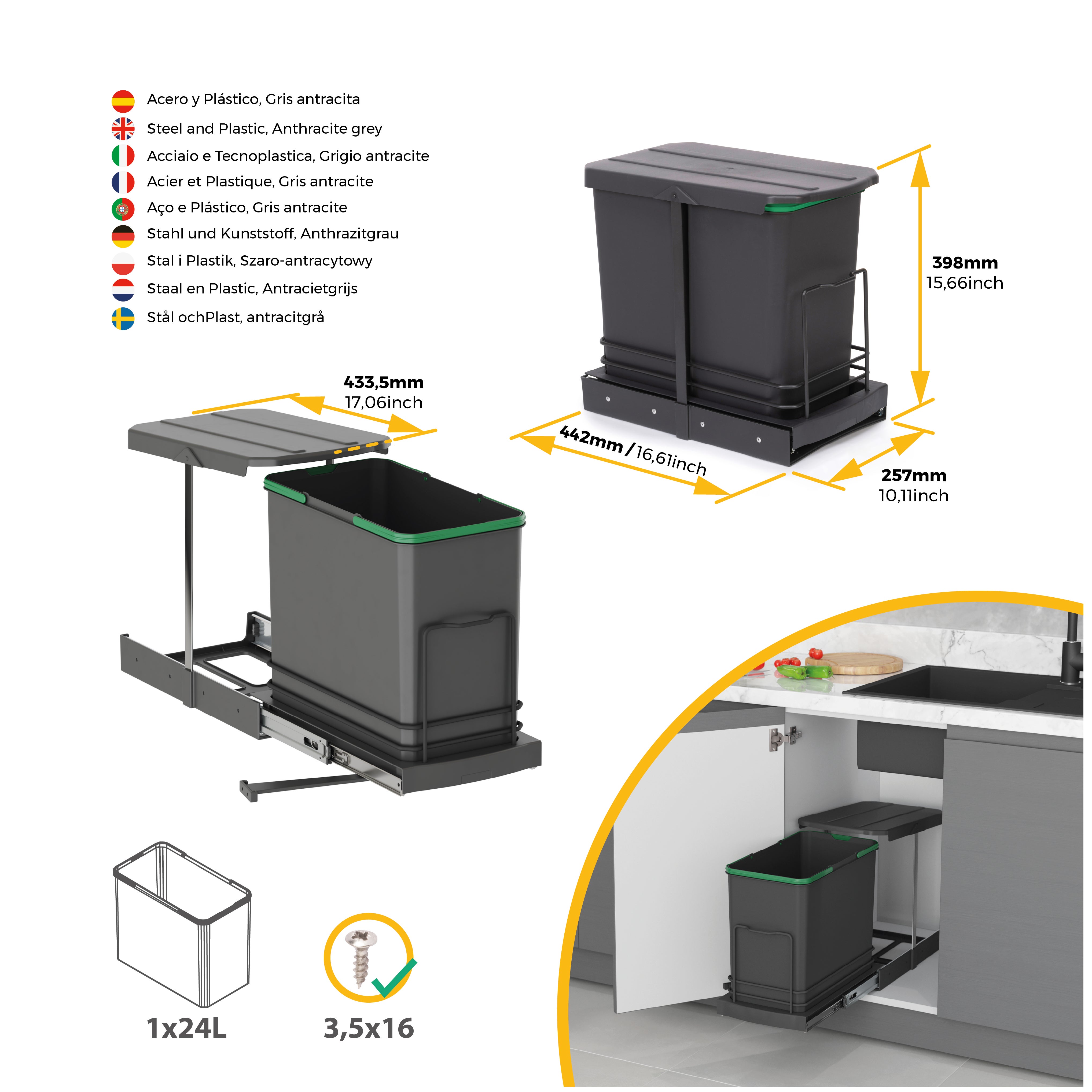 Emuca Balde do lixo de reciclagem Recycle para cozinha, 24 L, fixação inferior e arrancamento manual/automaticamente - 3