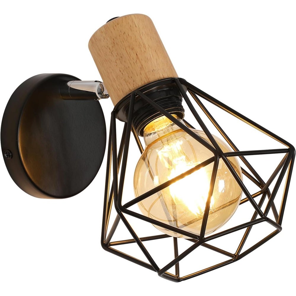 Kinkiet 360° drewno i metal czarny E27, obracana klatka z żelaza, design industrialny retro, do salonu, sypialni i korytarza, bez żarówki