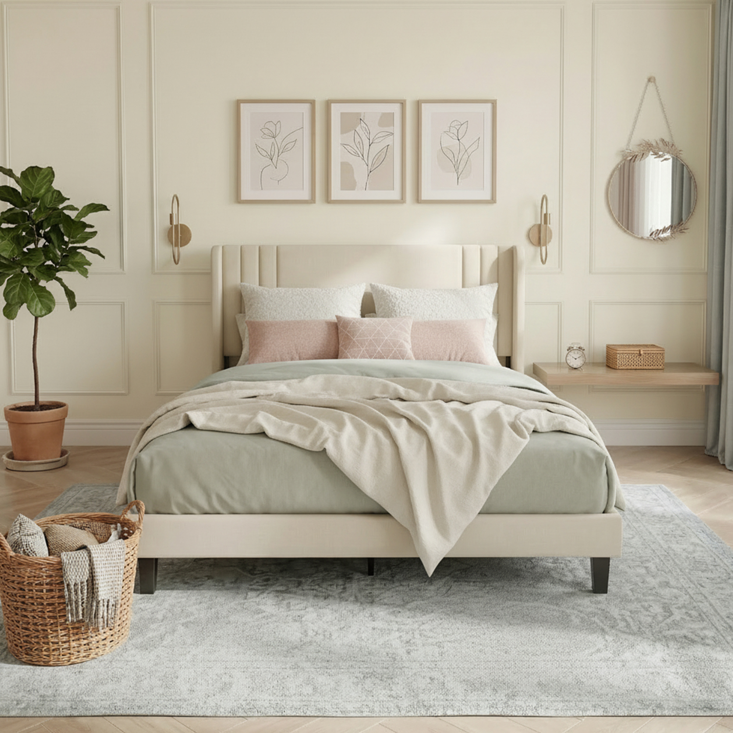 Lit 140x190 cm, COZY, sommier à lattes, tissu en lin, cadre de lit double 140x190, lit adulte 140x190, beige - 3