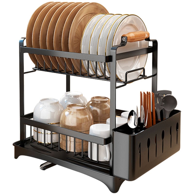 Czarny, dwuwarstwowy ociekacz do naczyń z uchwytem na pałeczki, 36 x 24,5 x 37,5 cm, wielofunkcyjny stojak do przechowywania, 1 szt.