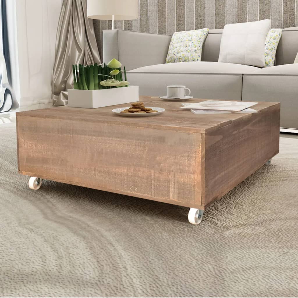 Table basse carrée en bois massif et à roulettes - Ameublement