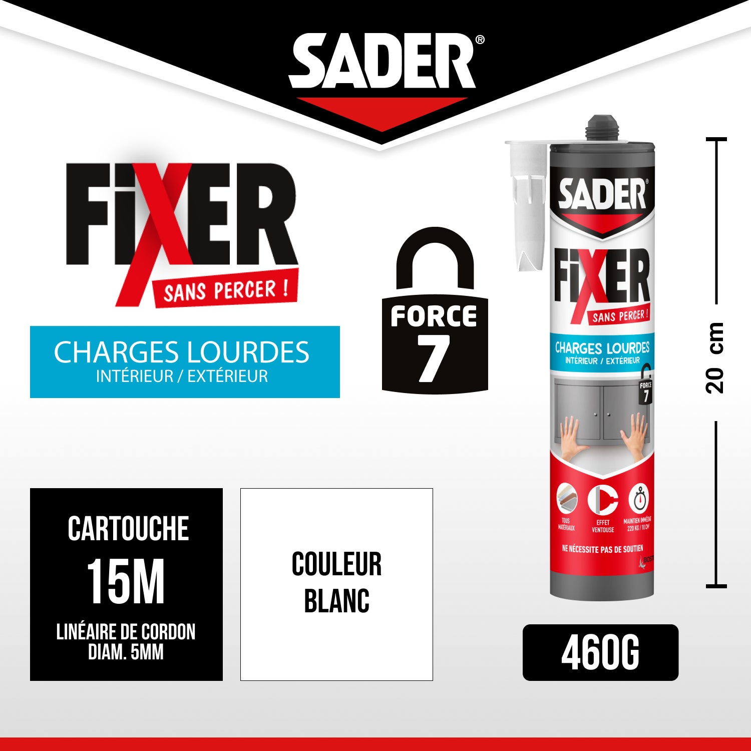 Sader Fixer Sans Percer Charges Lourdes - Mastic Colle pour Tous Matériaux - Maintien Immédiat Ultra Puissant- Intérieur / Extérieur- Cartouche 460g - 2
