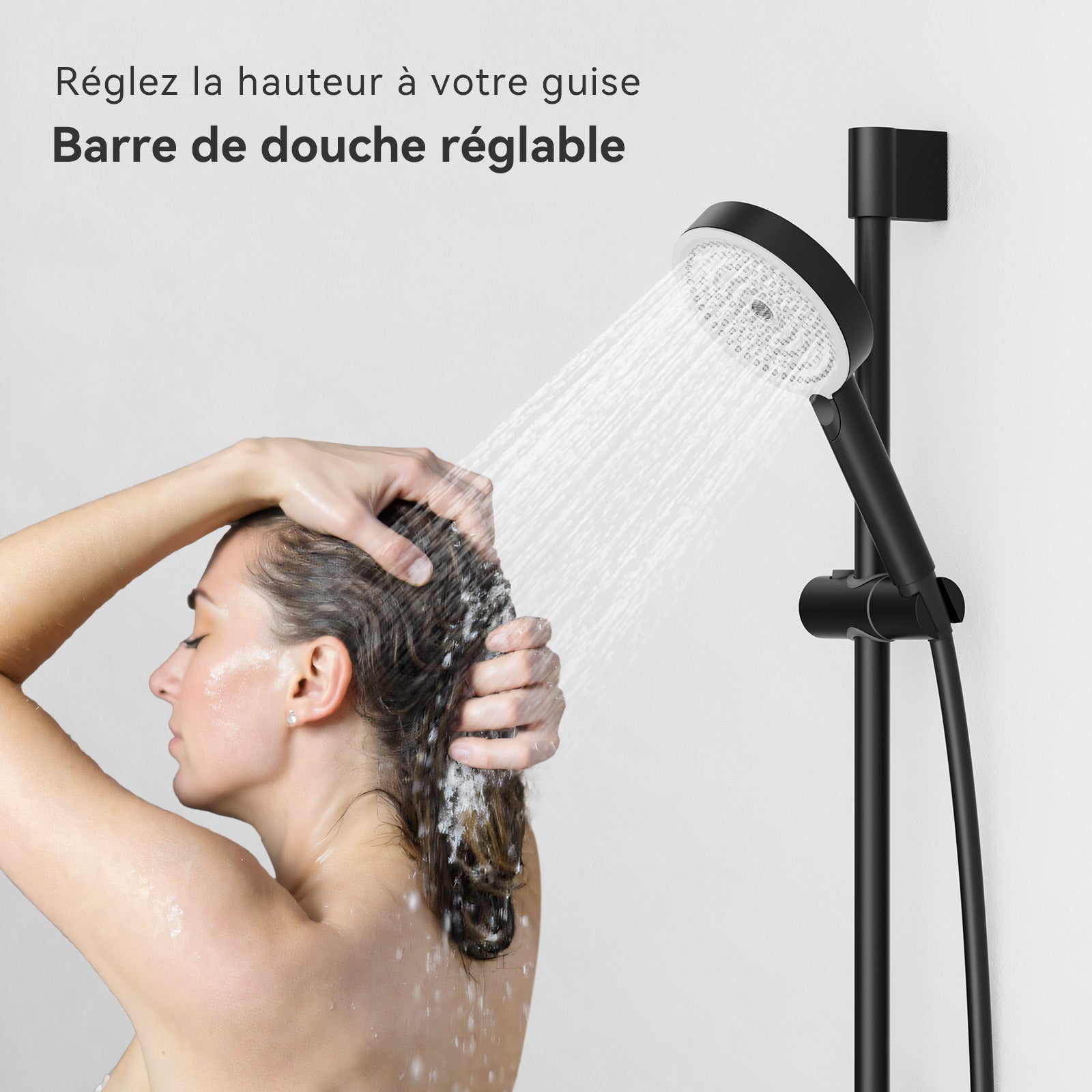 Barre de Douche 65cm,Barre Douche,Support de Douche 0 à 57cm,avec Support pommeau de Douche,Barre de Douche de Remplacement,Noir - 7