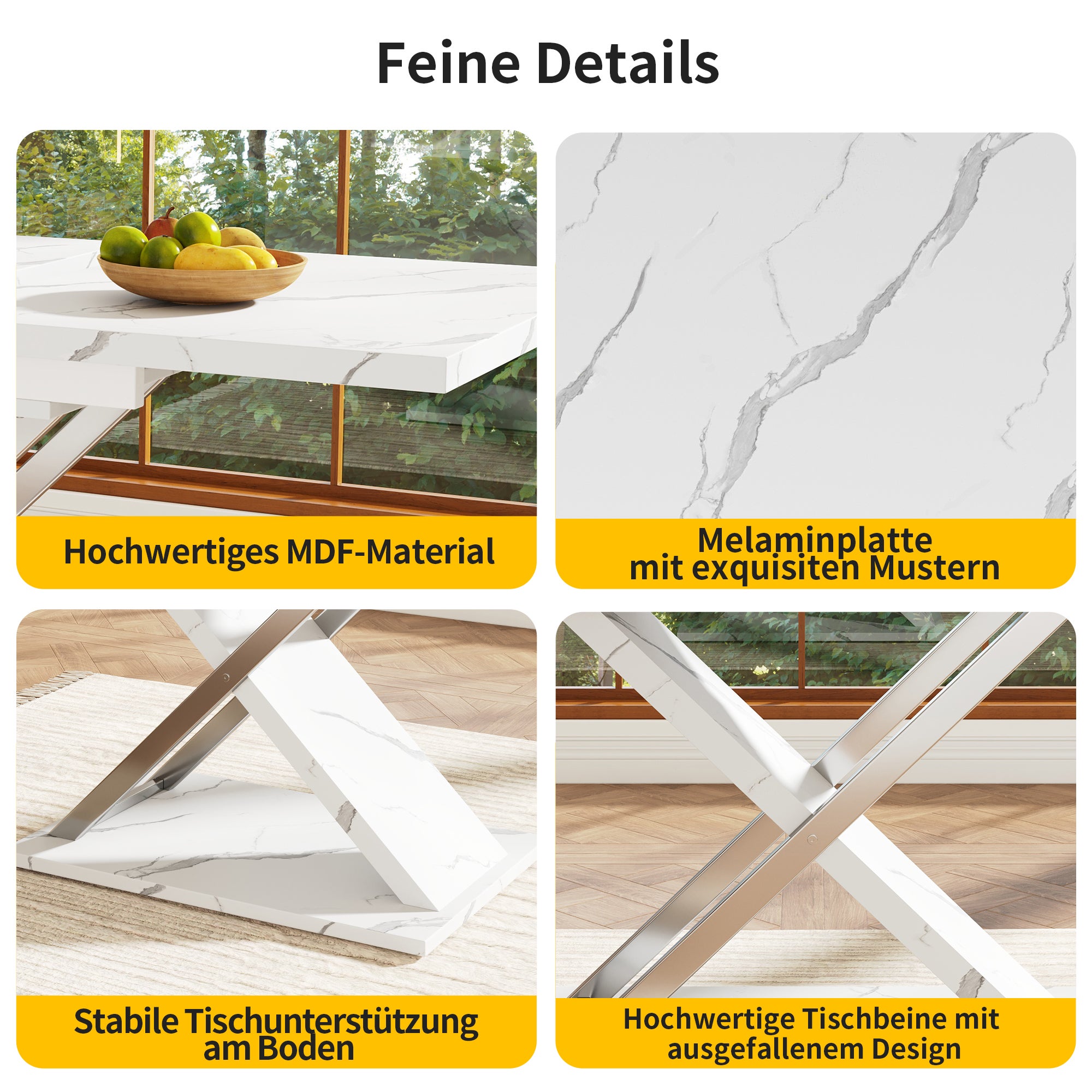 Table à manger extensible 4 à 6 couverts - 118/157 x 70 x 75 cm - Plateau en aspect marbre - MDF et métal - Blanc - 4