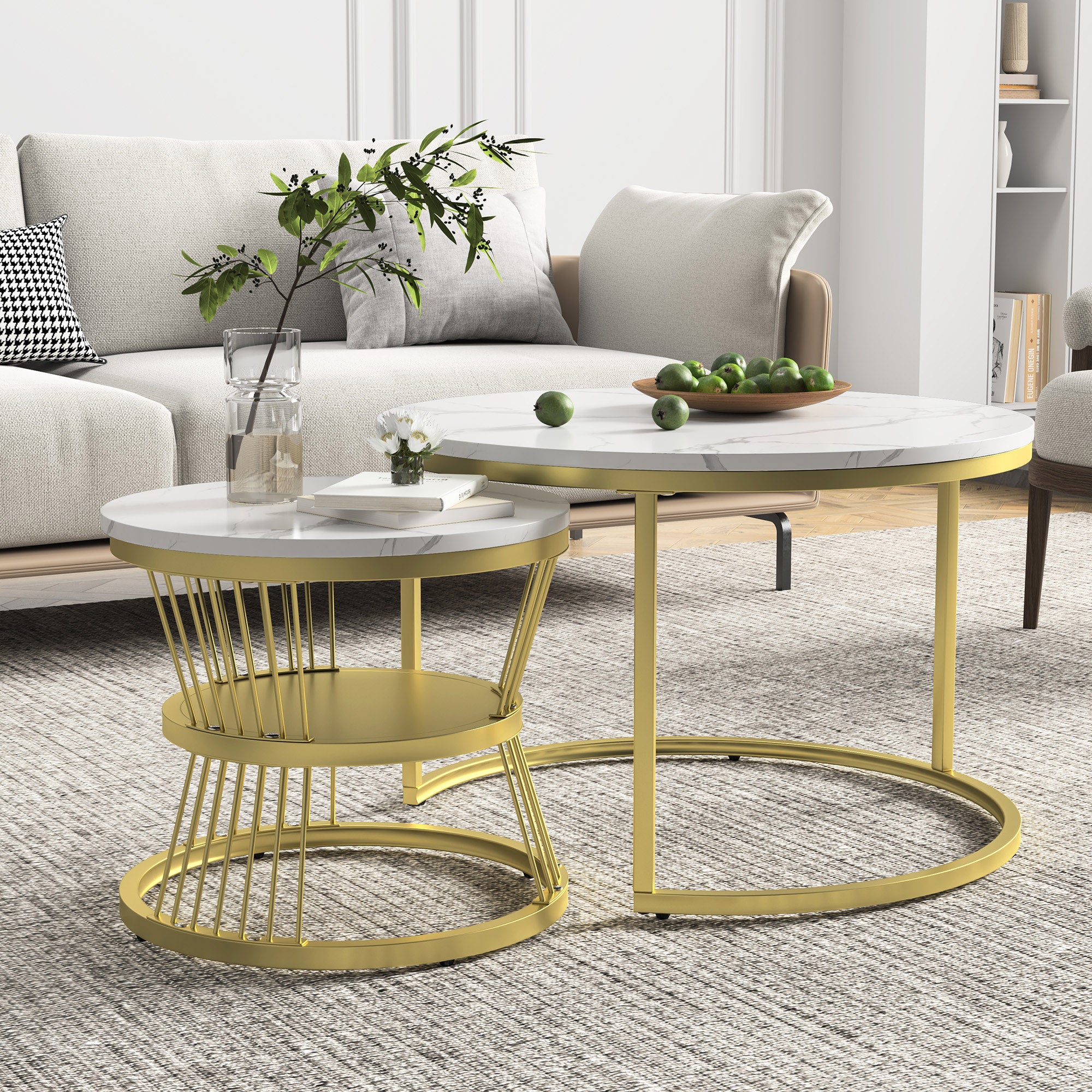 Tables Basses, Lot de 2, COZY, Rondes, Blanches, Plateau Marbré Brillant, Pieds Anti-Rayures, Cadre en Doré, Design moderne - 6