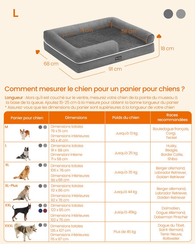 Panier pour Chien Orthopédique, Rembourrage Moelleux, Bords Rehaussés, Housse Amovible et Lavable, 91 x 71 x 20 cm, Antidérapant, Gris Clair - 4