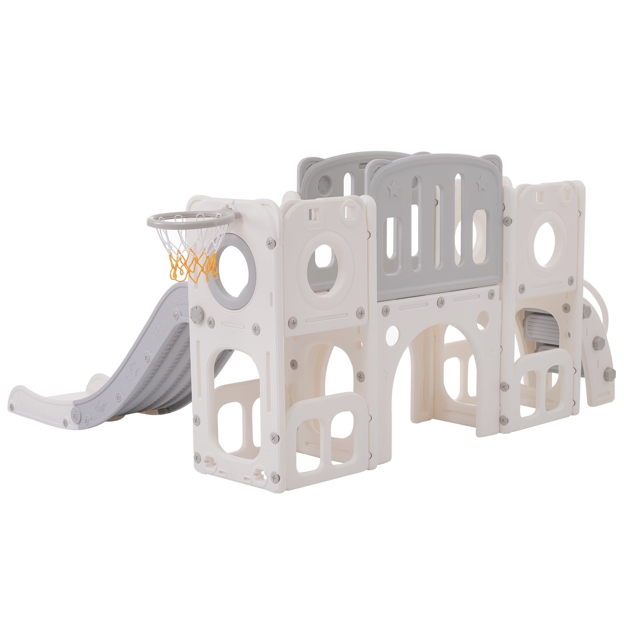 Toboggan pour enfants 6 en 1 - composé d'un toboggan, d'un panier de basket, d'un escalier, d'un tunnel et de deux rangements -- Gris clair - 8