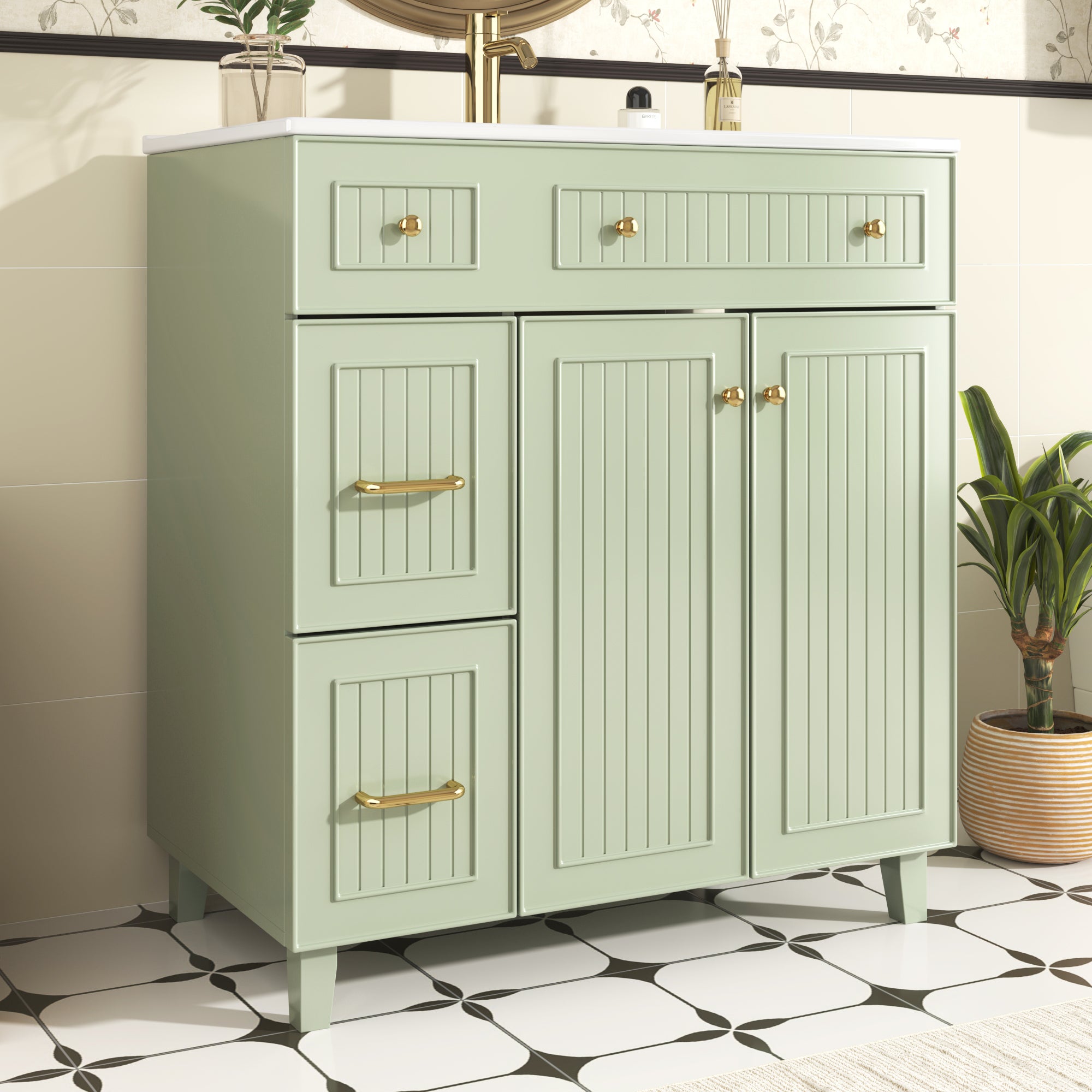 Mobile bagno con lavabo in ceramica - con 2 ante e 2 cassetti - verde (rubinetto non incluso) - 2