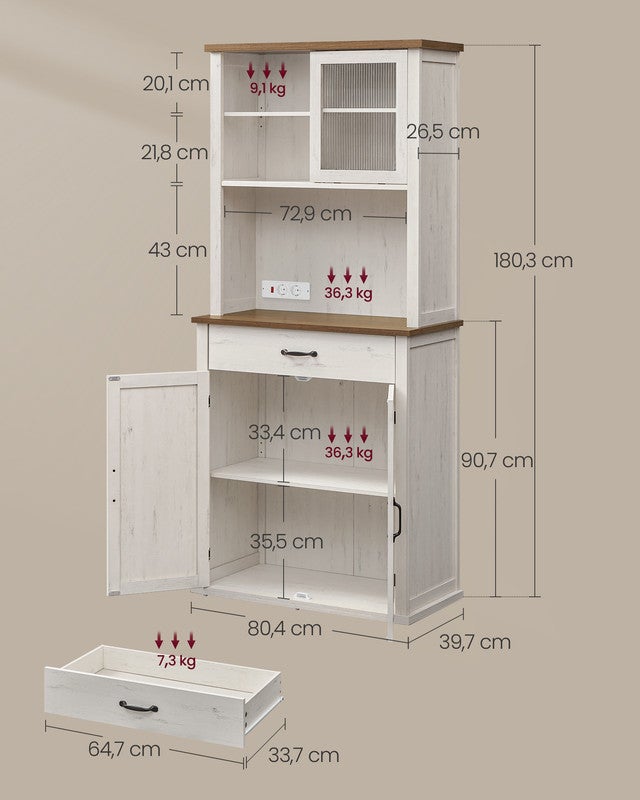 Meuble de Rangement avec Lumières et Chargeur, avec Portes et Tiroirs, Buffet, Meuble à café, Étagères Réglables, Style Campagne, Blanc Rustique - 4