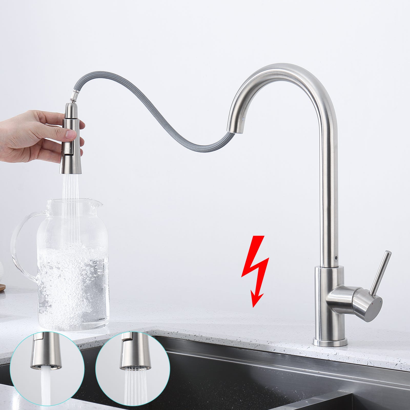 LOVHAUS Grifo de cocina de baja presión, giratorio 360° con ducha